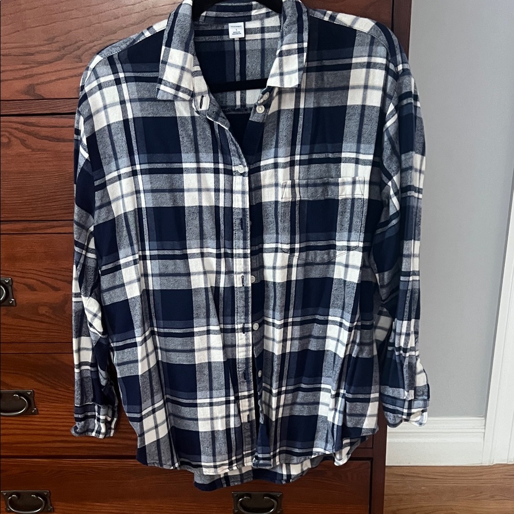 Old Navy Navy Blue and White Plaid Button Down Shirt